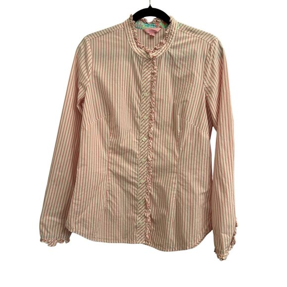 Lilly Pulitzer striped button down shirt with ruffle details size 8 preppy - Picture 1 of 7